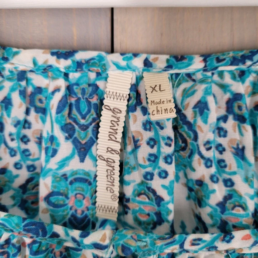Grand & Greene Blouse Womens‎ XL Blue Paisley Medallion Boho Rayon 3/4 Sleeve